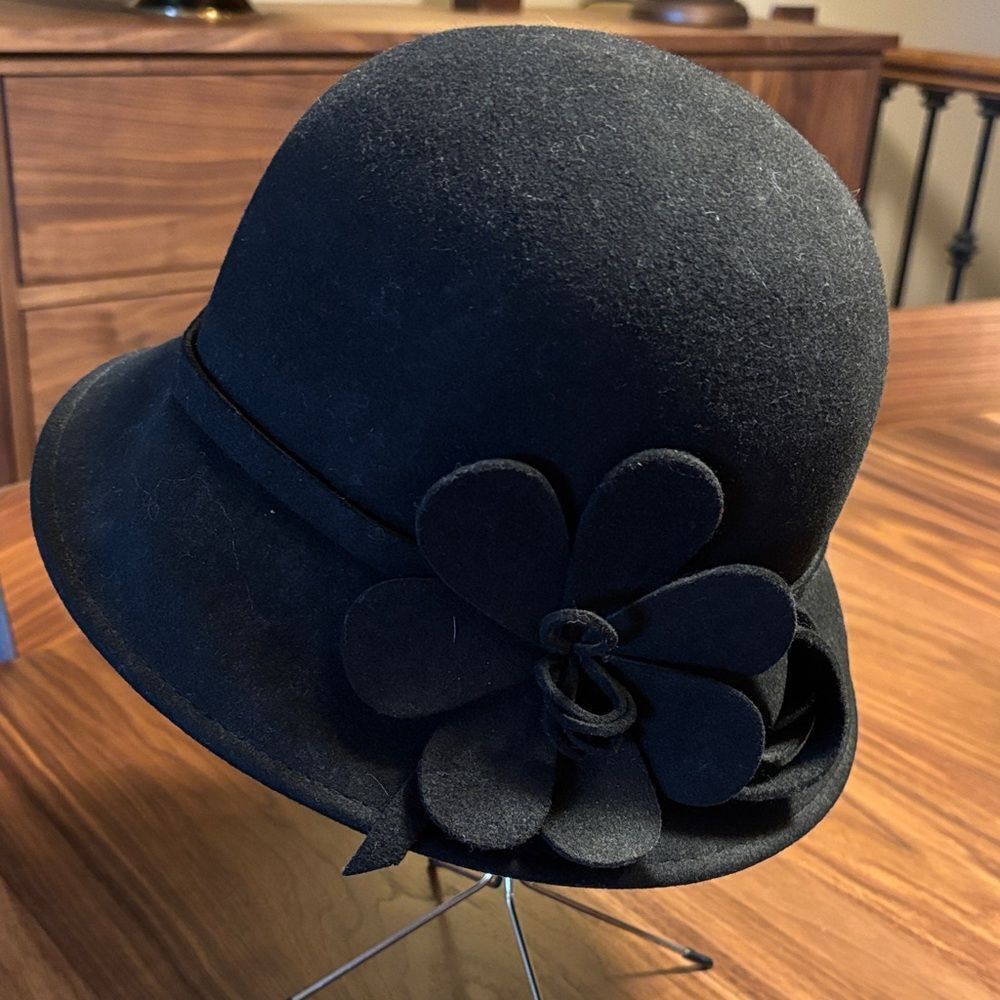 Women's Black Wool Cloche Hat with Flower Trim